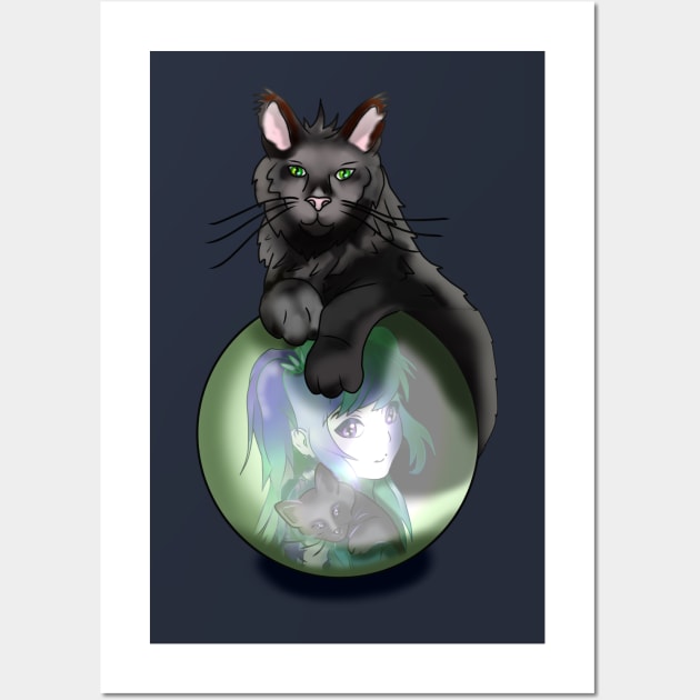 Black fluffy cat with a crystal ball Wall Art by cuisinecat